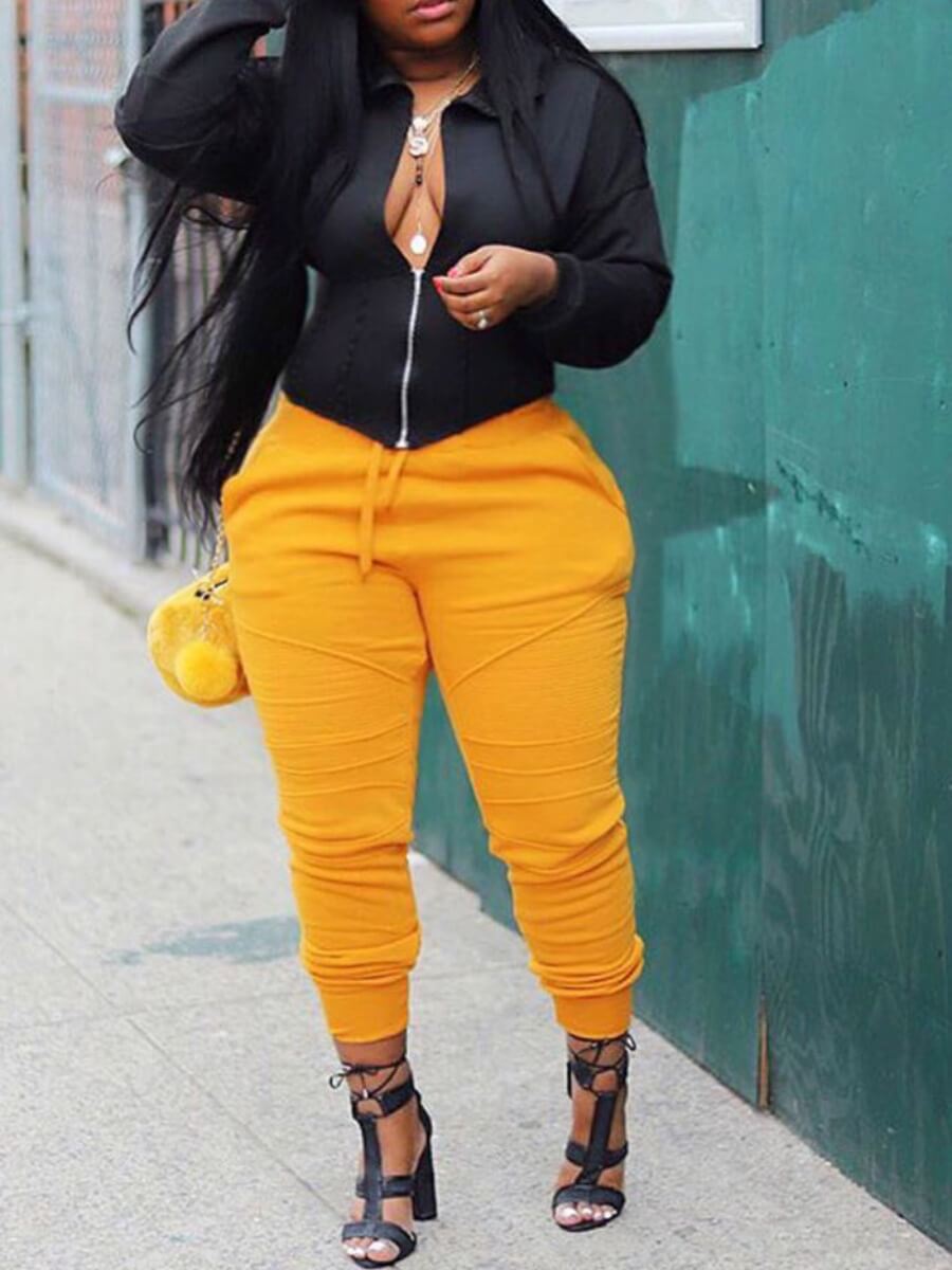 

Lovely Trendy Turndown Collar Zipper Design Black Plus Size Two-piece Pants Set