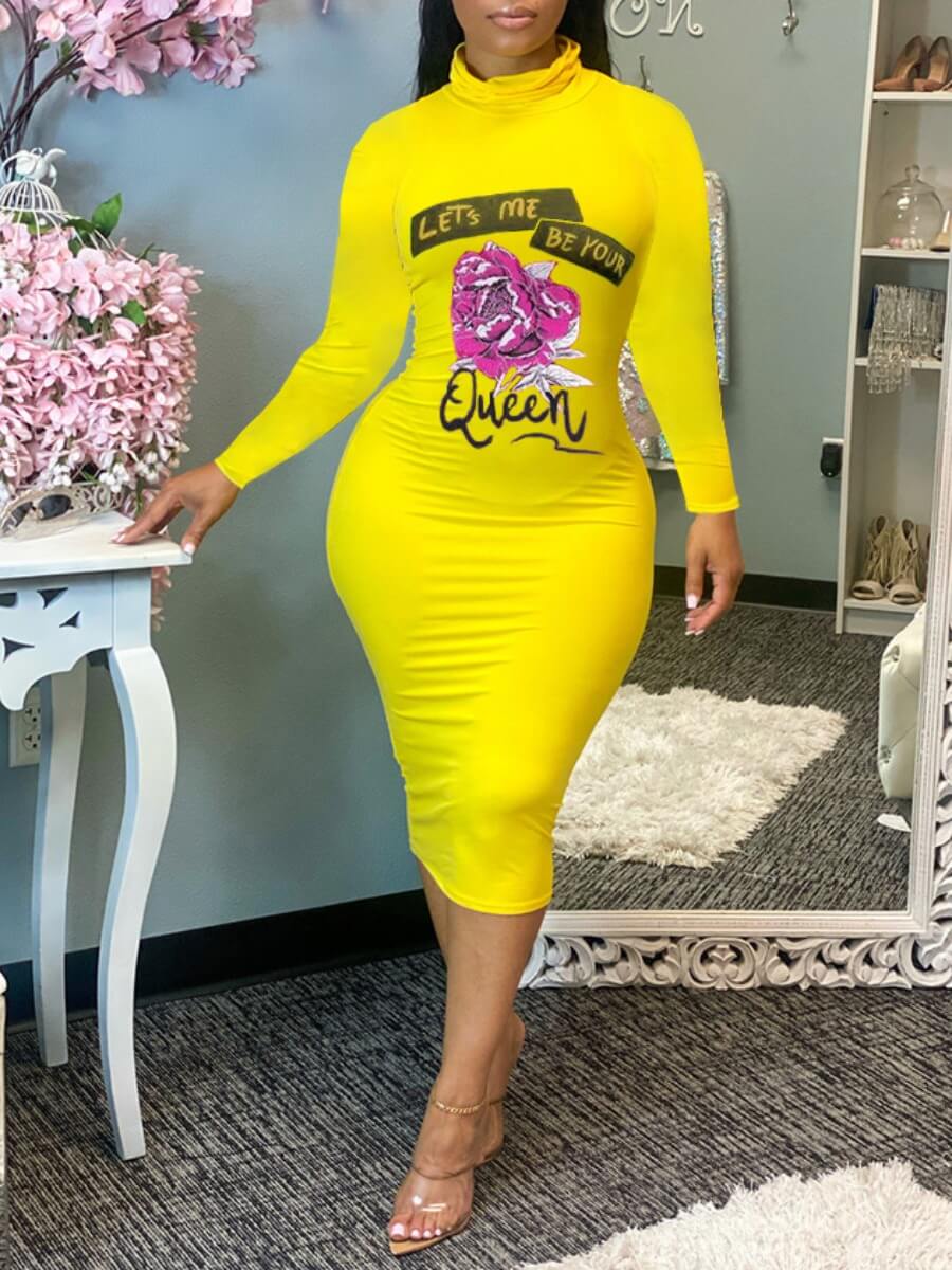 

Lovely Casual Turtleneck Print Yellow Mid Calf Dress