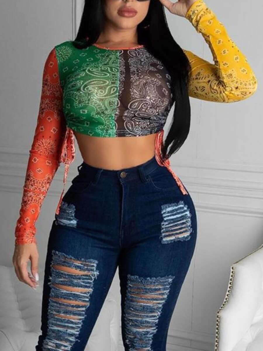 

Lovely Street O Neck Print Color-lump Patchwork Multicolor T-shirt, Multi