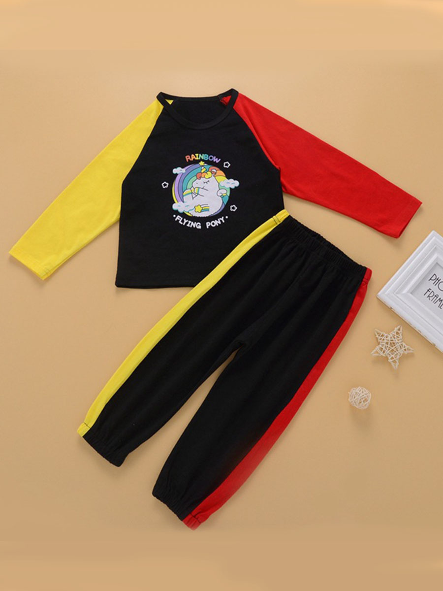 

lovely Sportswear O Neck Print Patchwork Black Girl Two-piece Pants Set