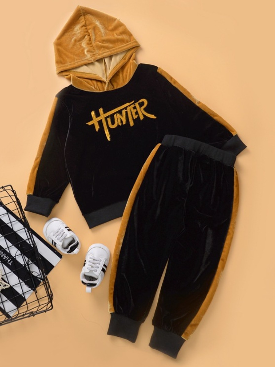 

lovely Casual Hooded Collar Letter Print Black Boy Two-piece Pants Set