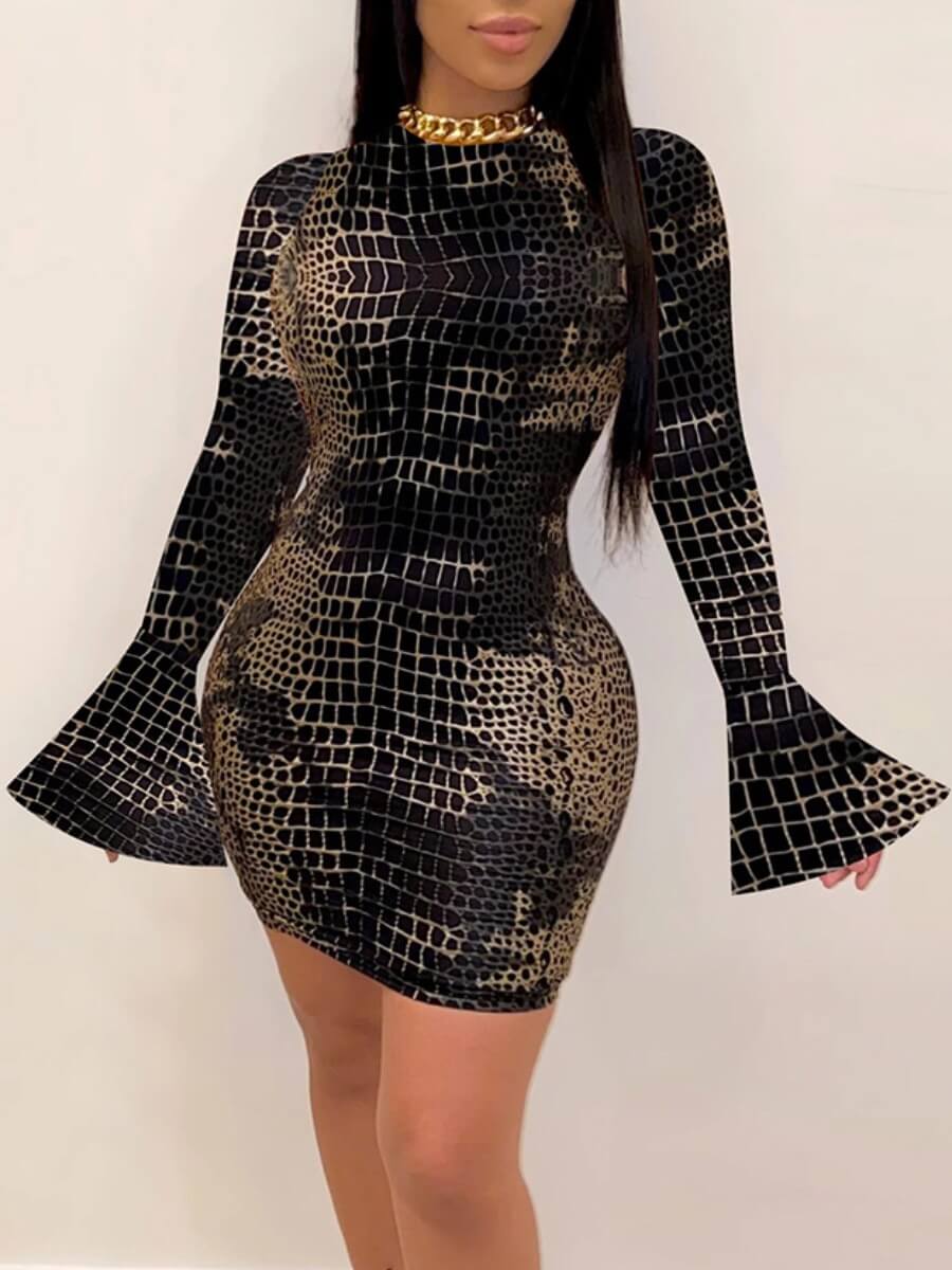 

LW BASICS Trendy O Neck Print Black Mini Dress