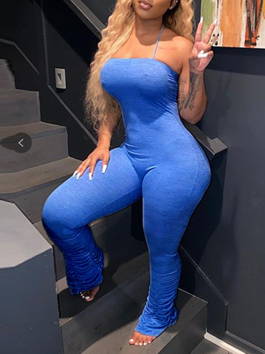 

lovely Sexy Fold Design Skinny Blue One-piece Jumpsuit