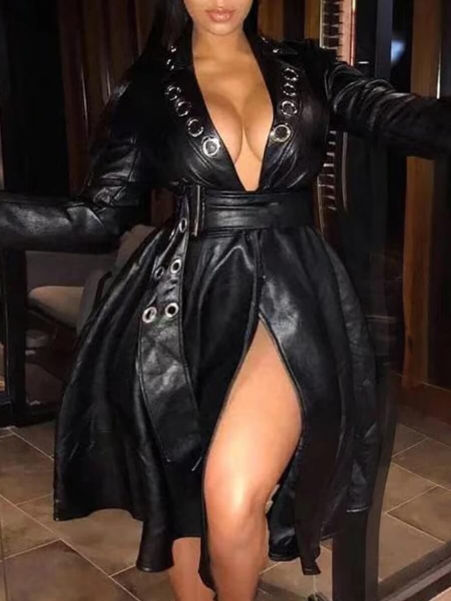 

LW Plus Size LeatherTurndown Collar Fold Design Long Coat, Black