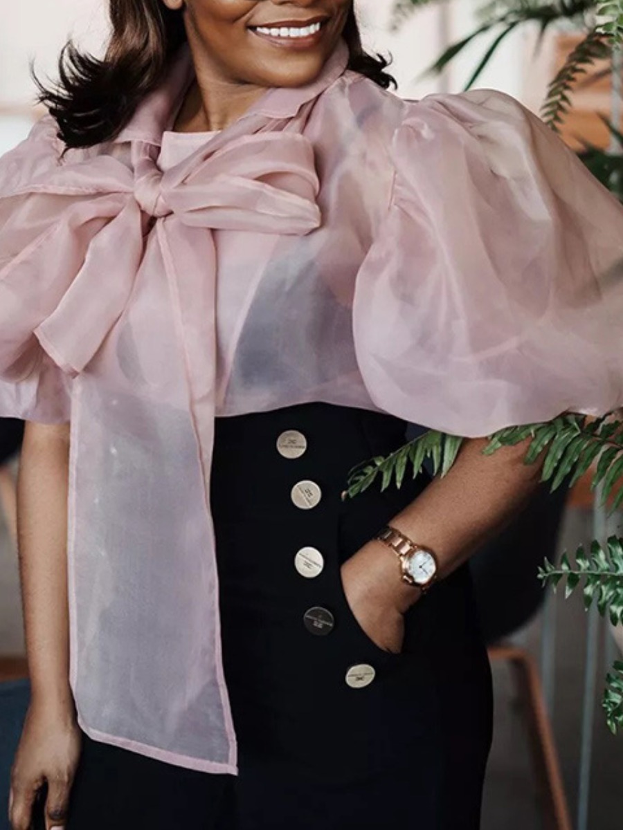 

lovely Sweet Lace-up See-through Pink Blouse