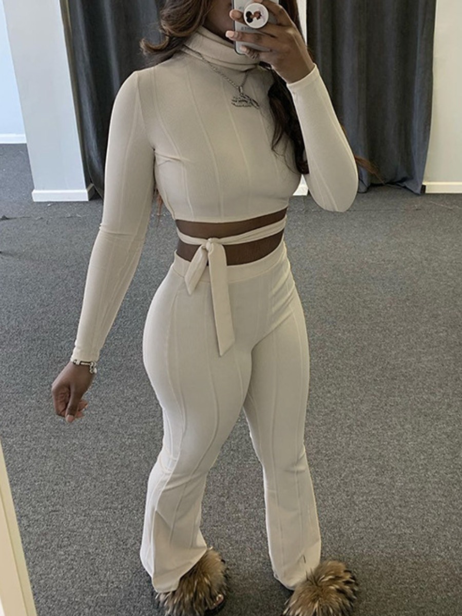 

lovely Sexy Turtleneck Backless White Two Piece Pants Set