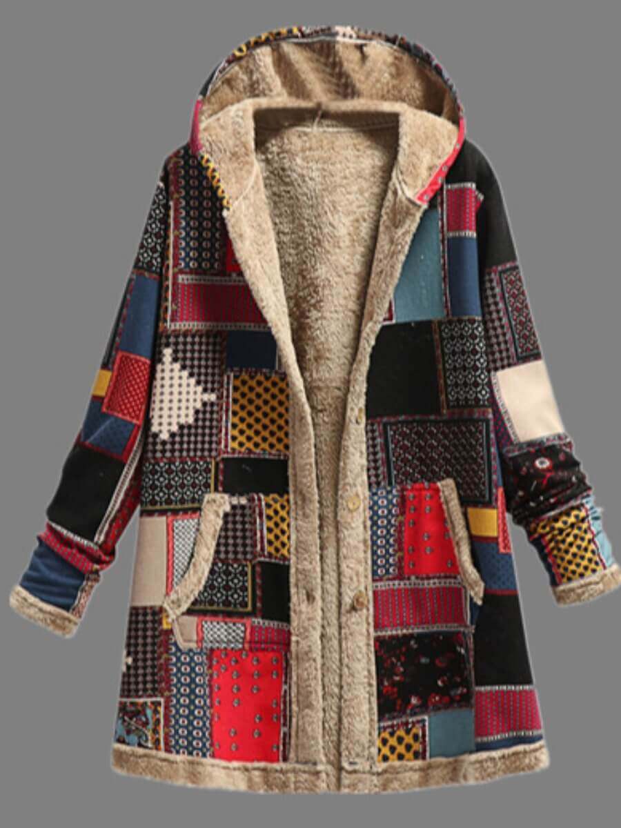 

Lovely Trendy Hooded Collar Print Red Long Plus Size Coat