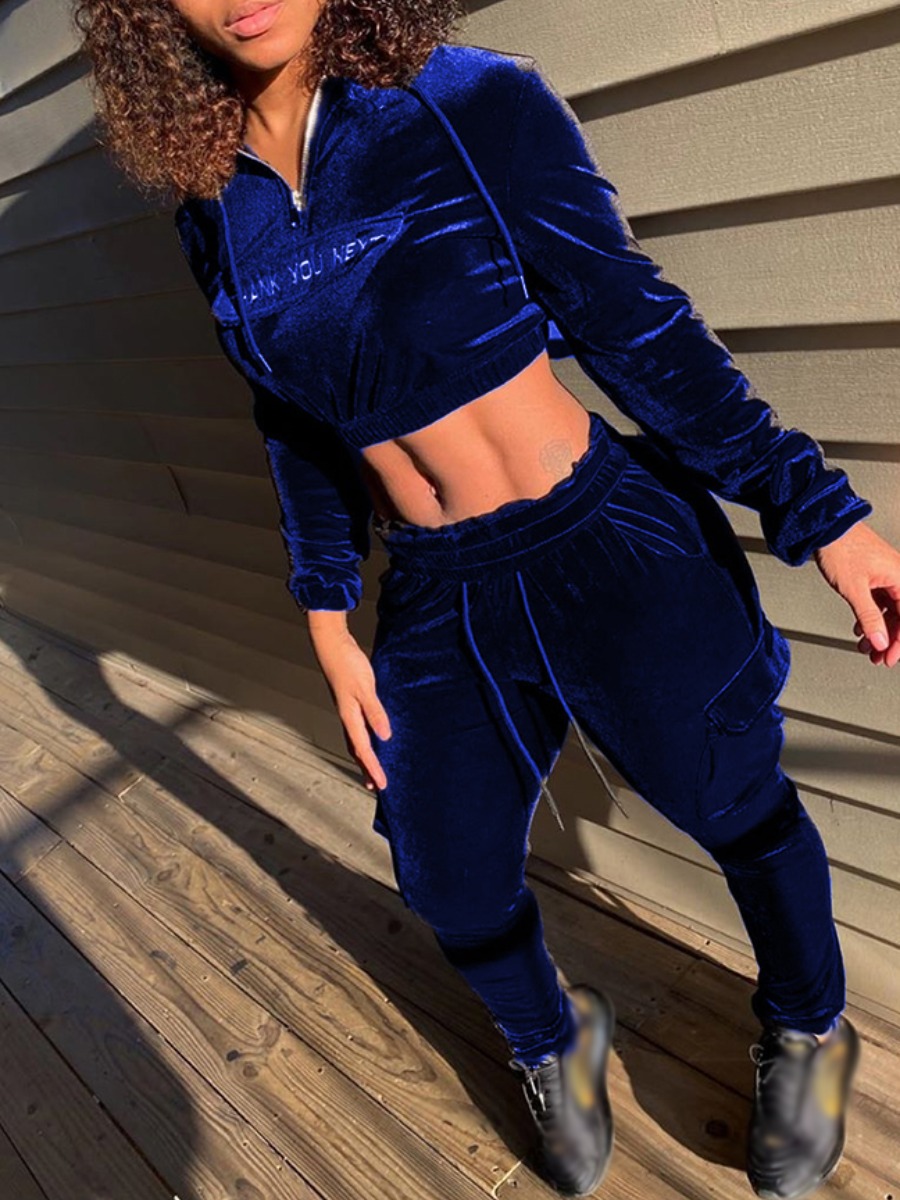 

lovely Sportswear Hooded Collar Letter Zipper Design Blue Two Piece Pants Set