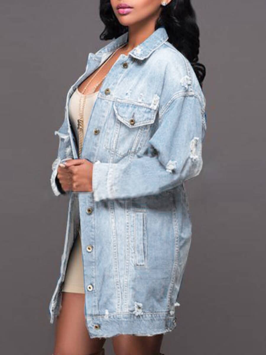 LW Casual Broken Holes Baby Blue Denim Coat