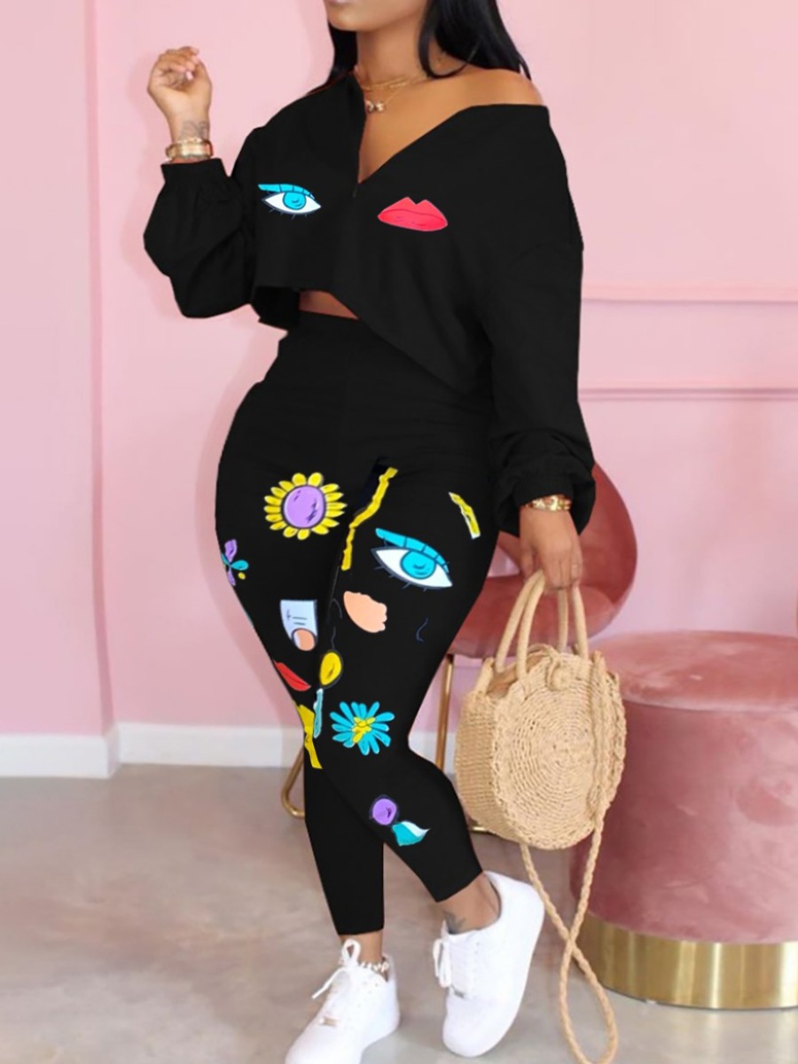 

lovely Leisure Print Zipper Design Black Plus Size Two-piece Pants Set