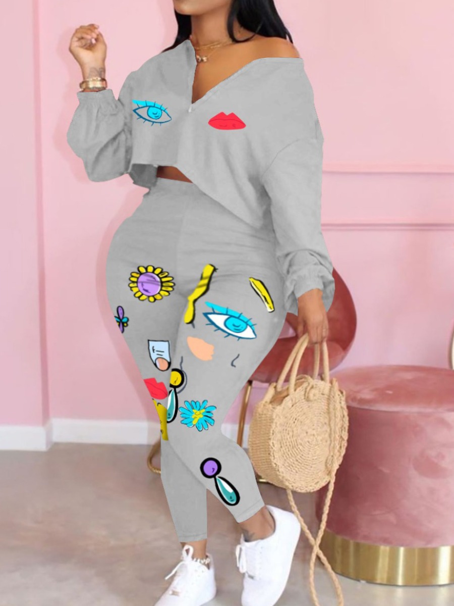 

lovely Leisure Print Zipper Design Grey Plus Size Two-piece Pants Set