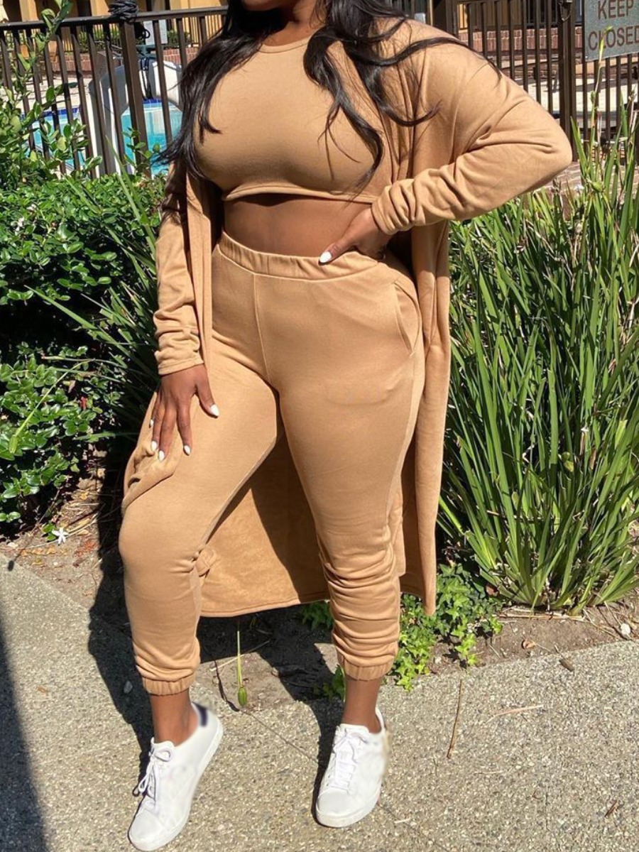 

lovely Sportswear O Neck Basic Skinny Brown Two Piece Pants Set