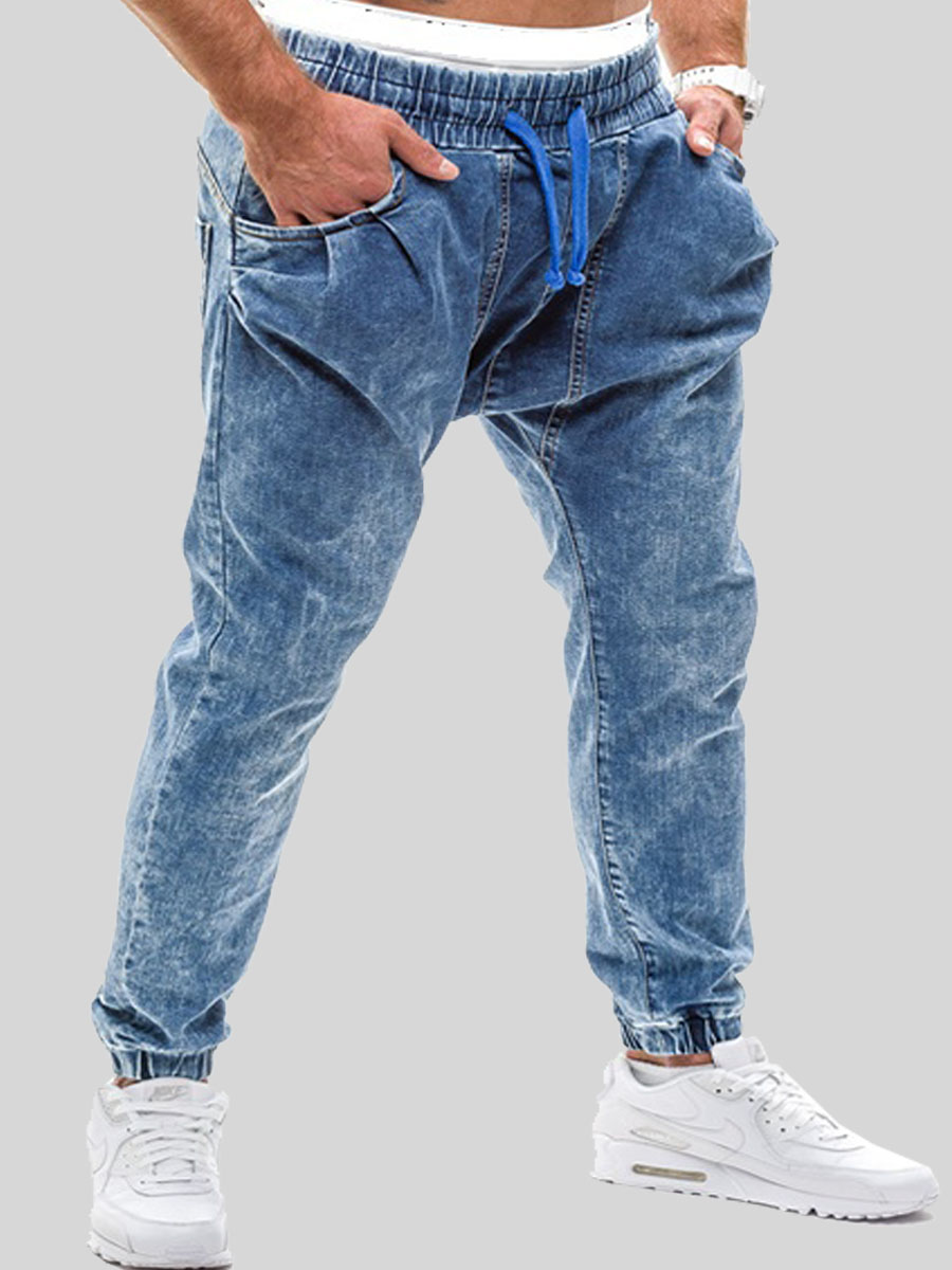 

lovely Street Drawstring Deep Blue Men Jeans
