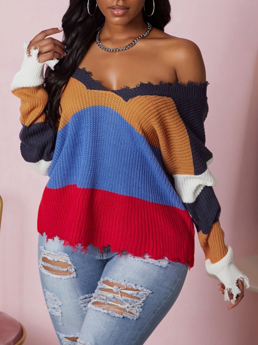 

Lovely Trendy V Neck Striped Navy Blue Sweater