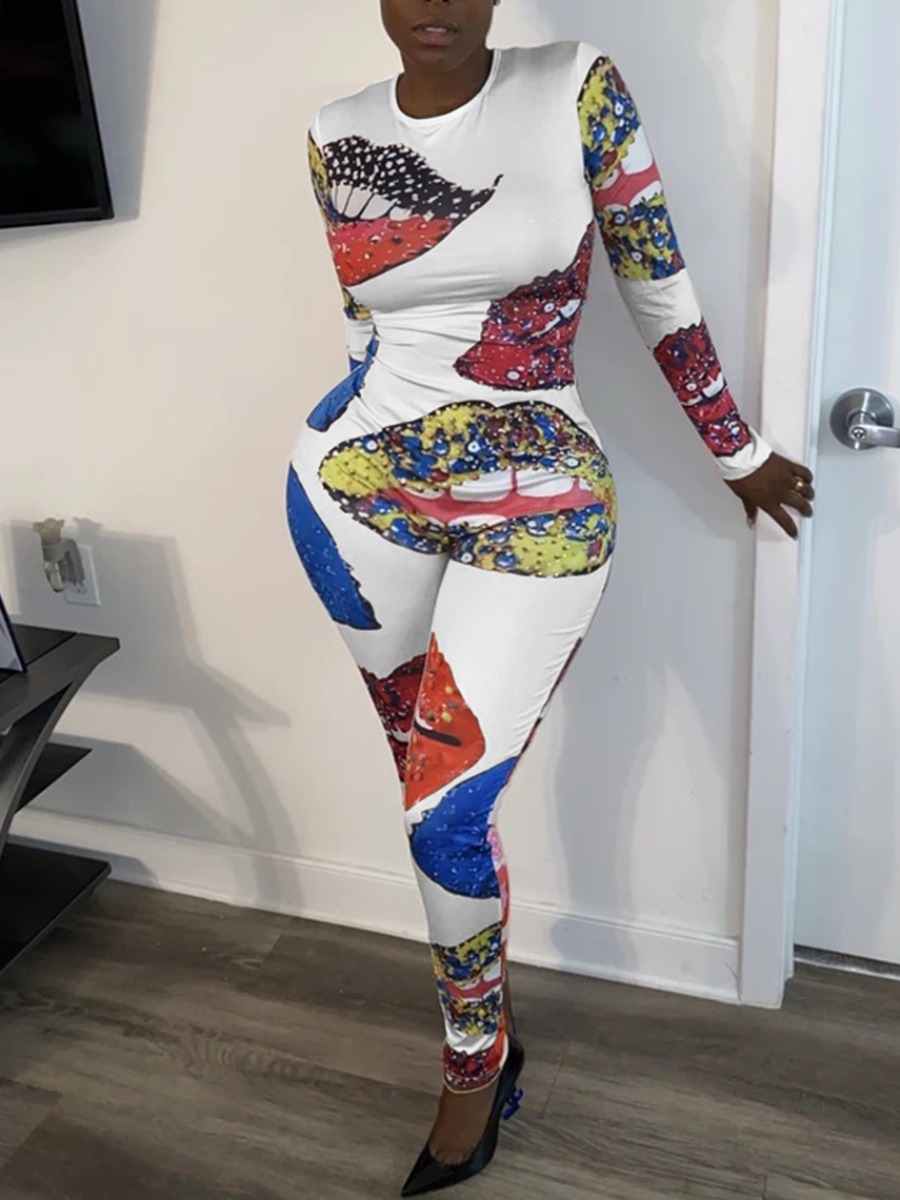 

lovely Leisure O Neck Lip Print White Two Piece Pants Set