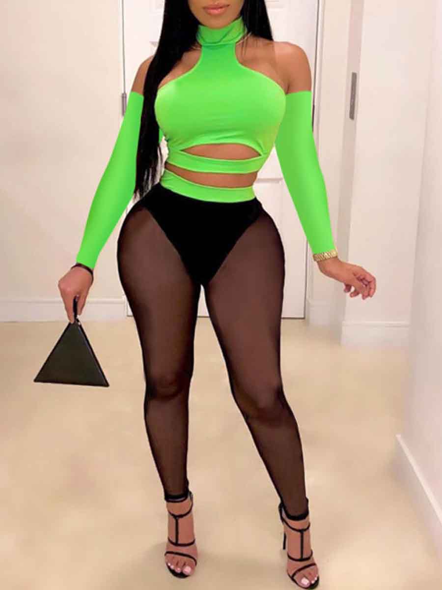 

Lovely Sexy See-through Hollow-out Green Two Piece Pants Set