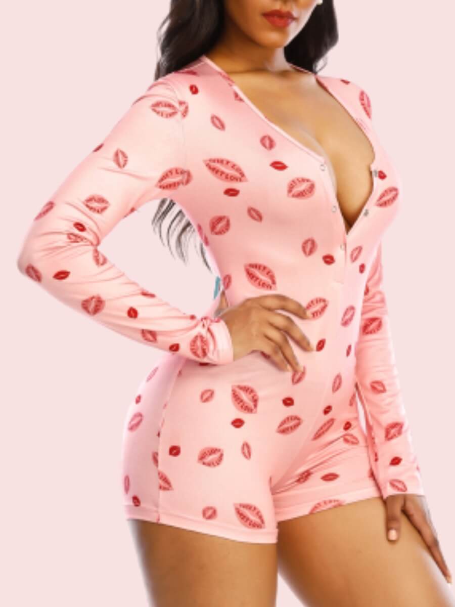 

Lovely Leisure V Neck Lip Print Pink Sleepwear