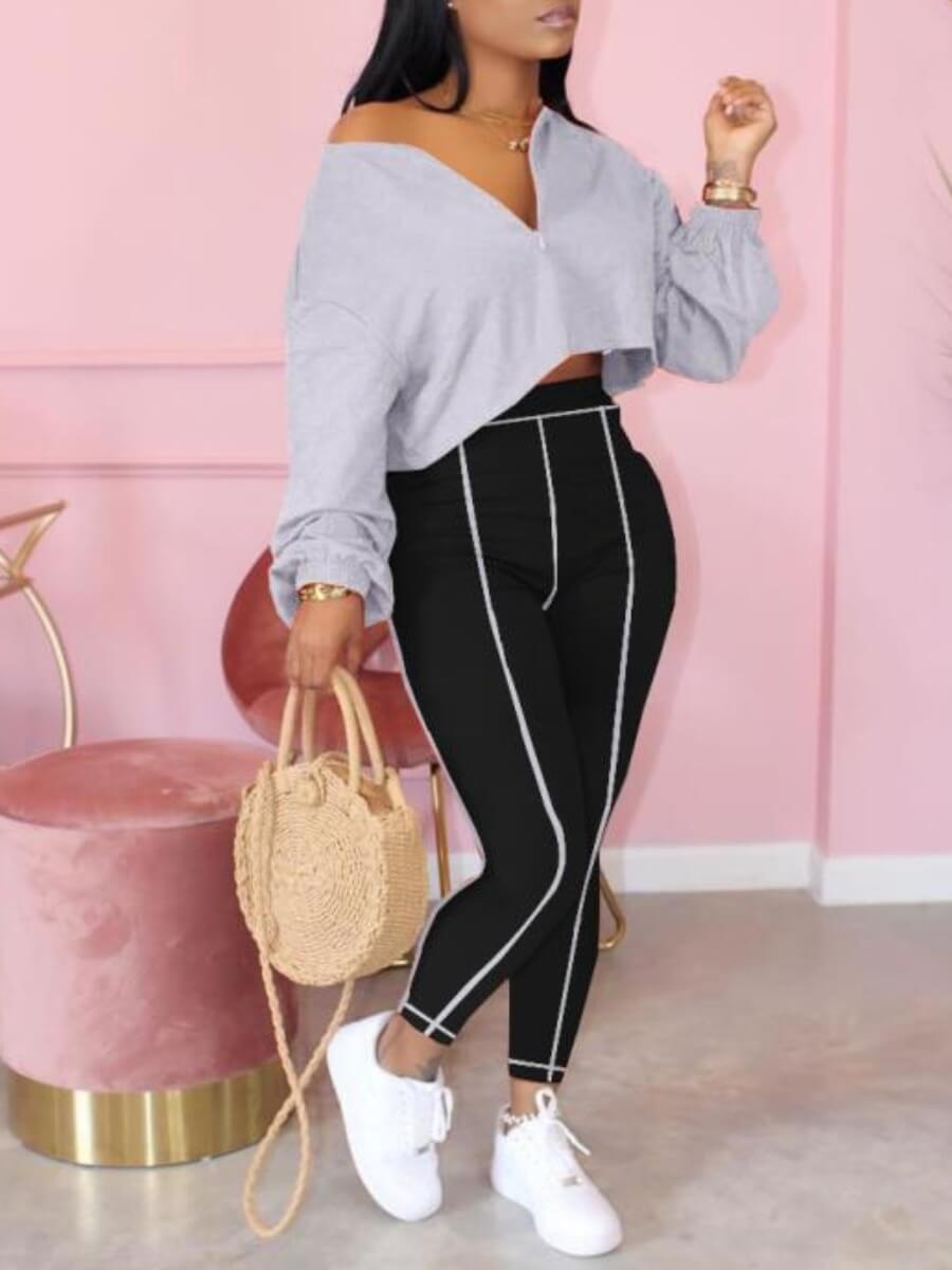 

Lovely Leisure Zipper Design Loose Grey Two Piece Pants Set