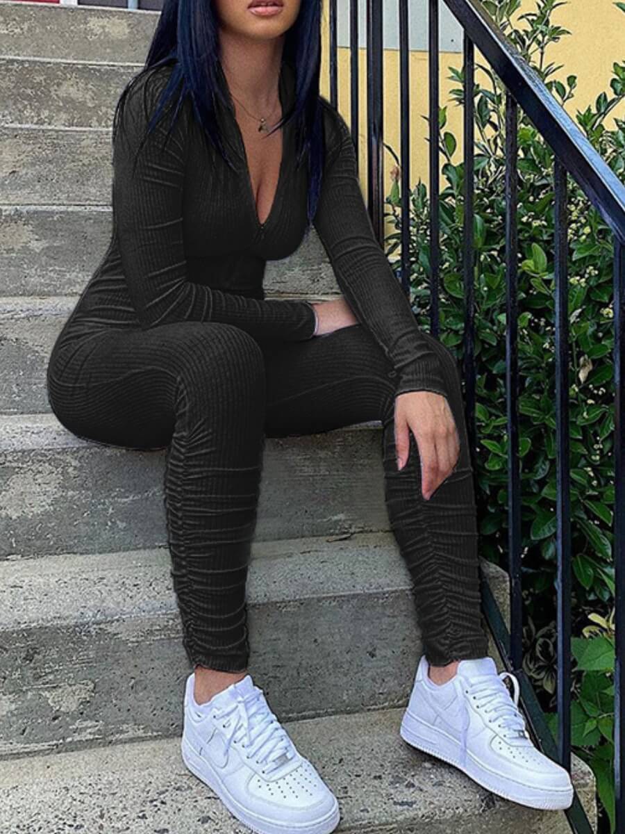 

Lovely Sportswear Zipper Design Black One-piece Jumpsuit