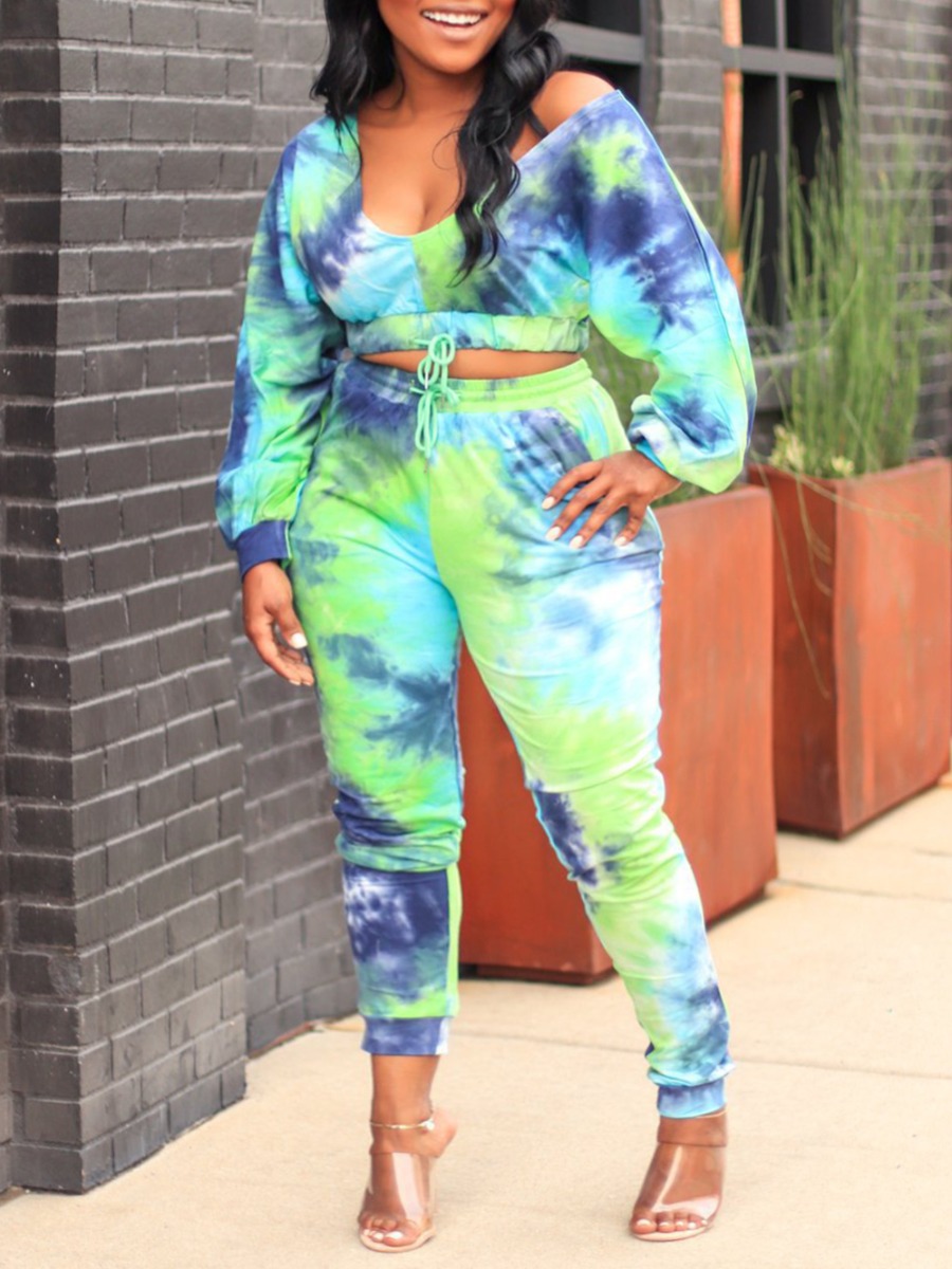 

lovely Trendy U Neck Tie Dye Green Two Piece Pants Set