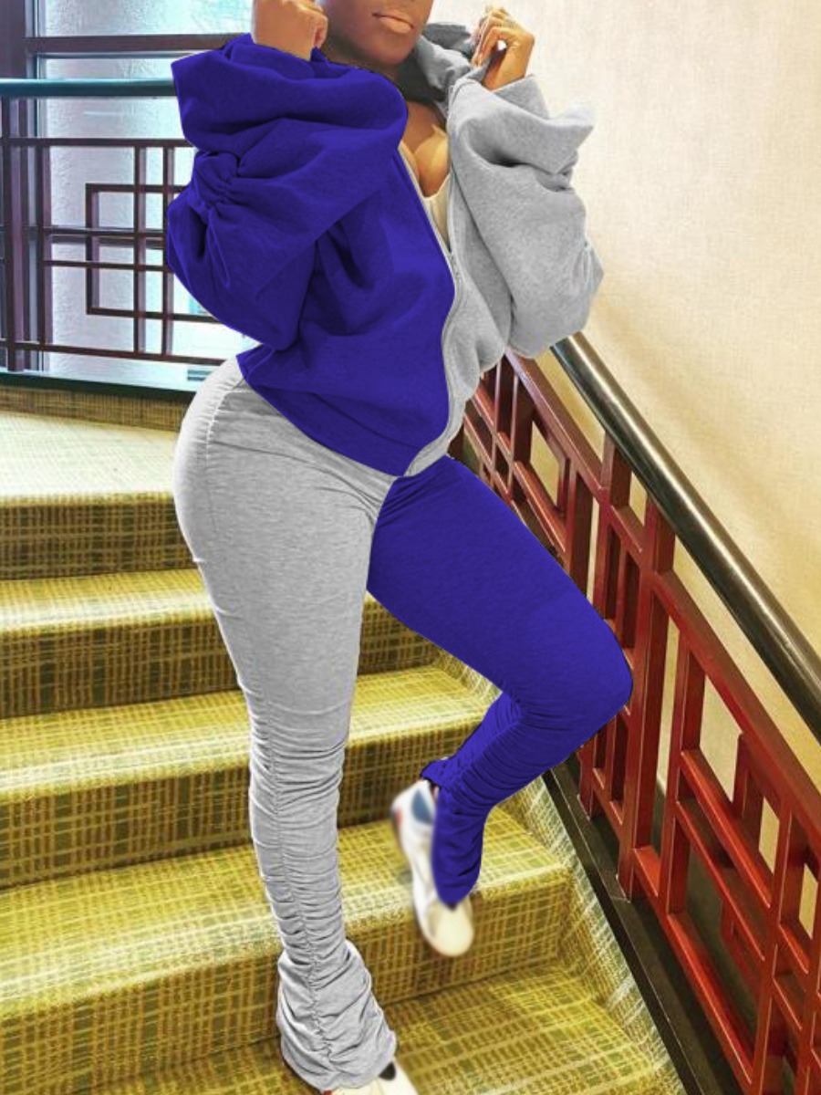 

lovely Casual Hooded Collar Patchwork Blue Two Piece Pants Set