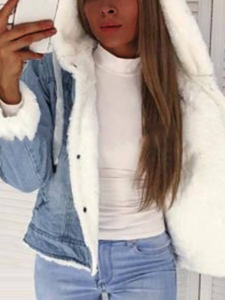 

Lovely Casual Hooded Collar Patchwork White Denim Jacket