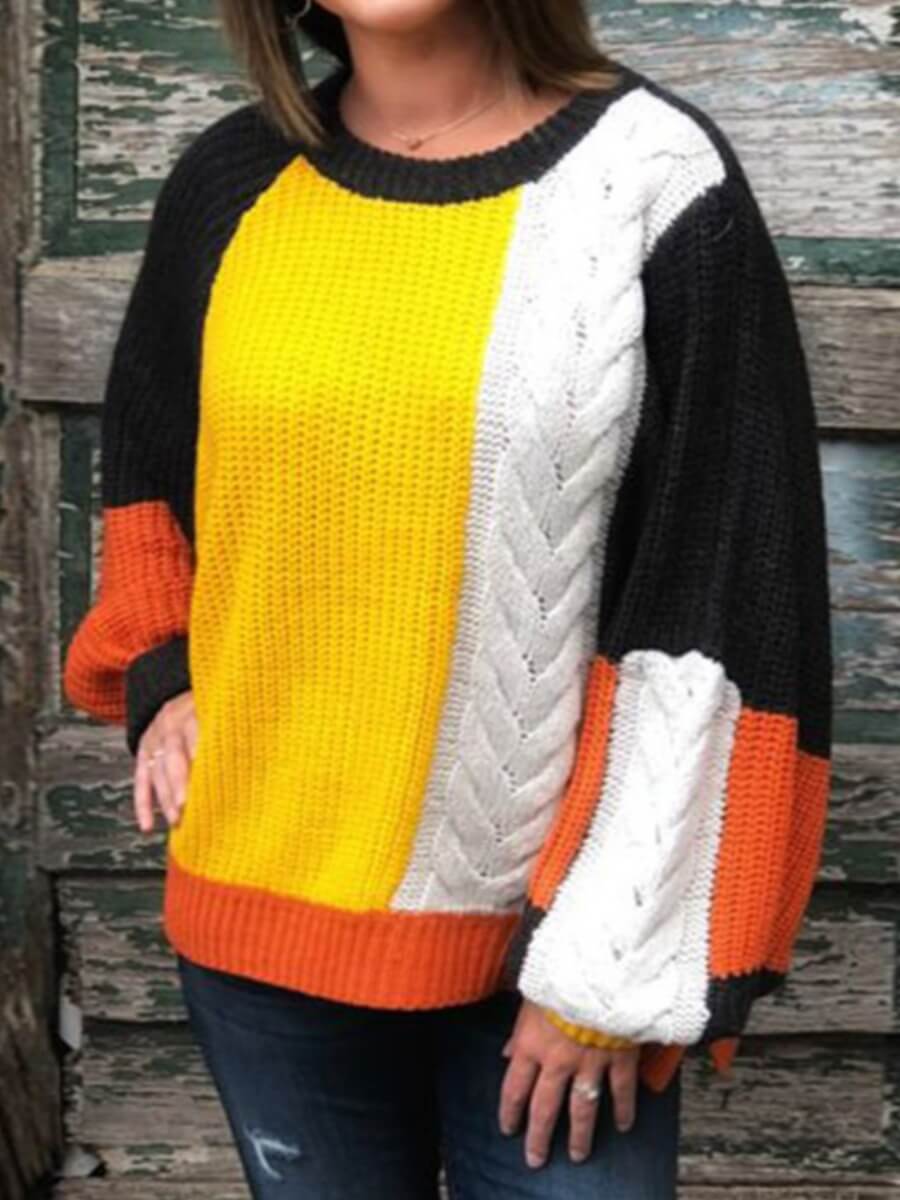 

Lovely Trendy O Neck Color-lump Patchwork Black Sweater