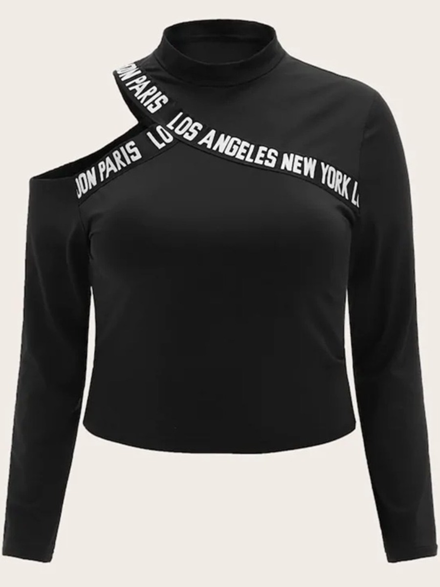 

lovely Casual Letter Hollow-out Black Plus Size T-shirt