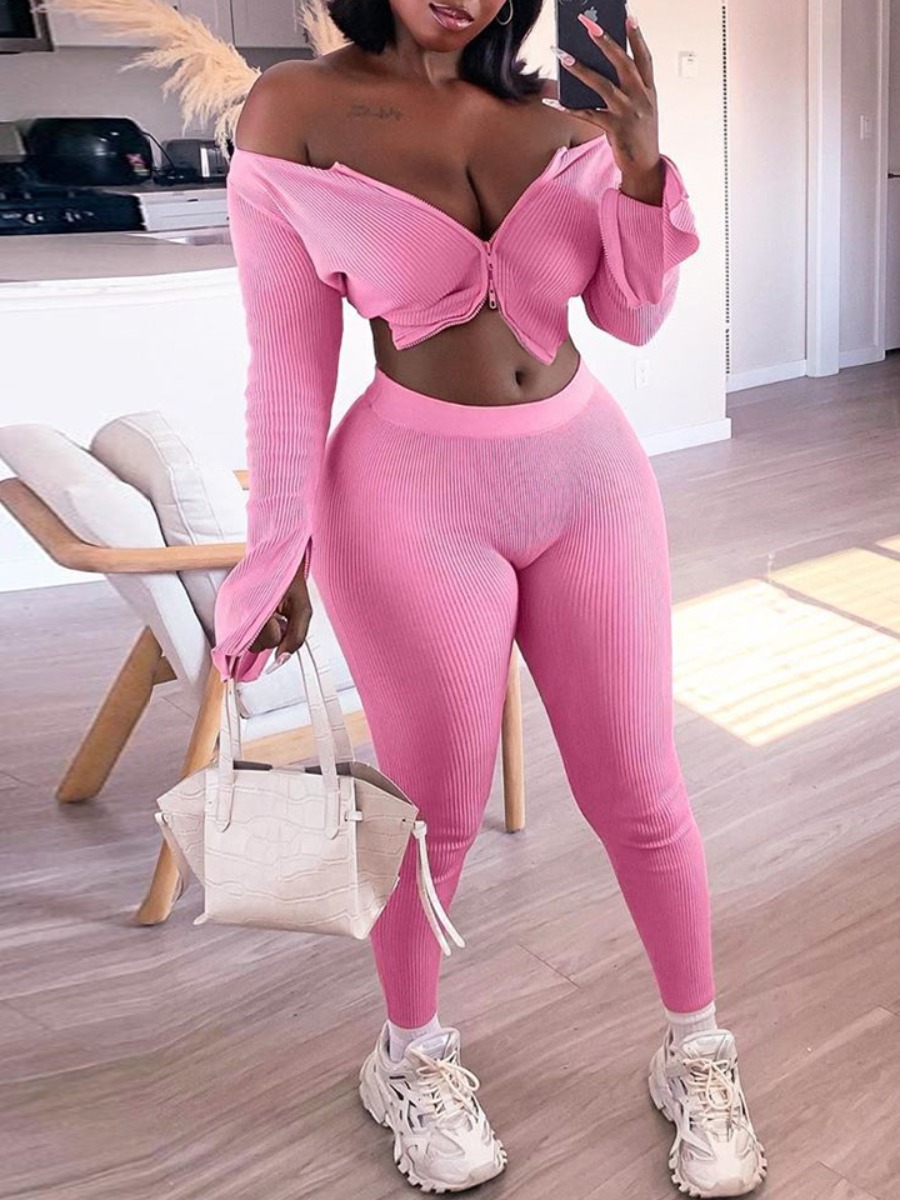 

lovely Trendy Zipper Design Skinny Pink Two Piece Pants Set