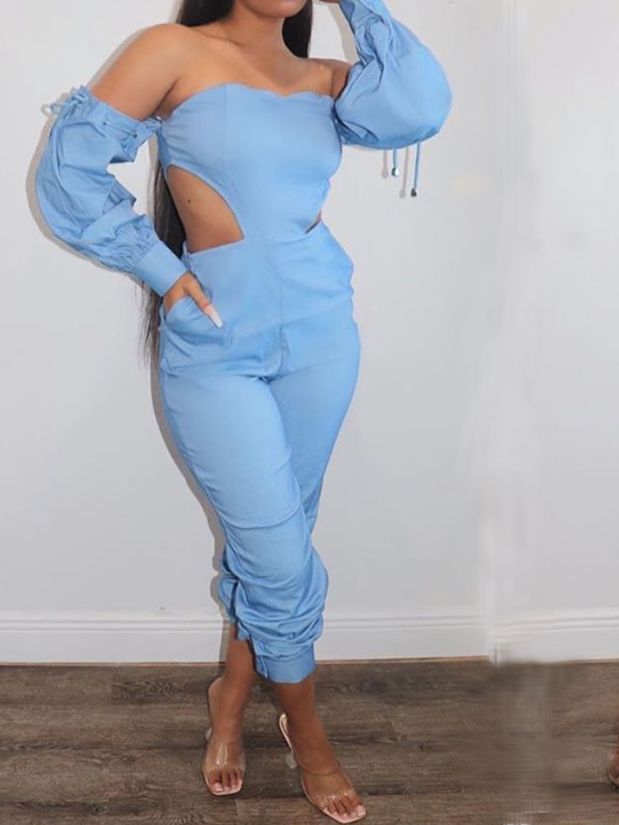 

lovely Trendy Dew Shoulder Hollow-out Blue One-piece Jumpsuit