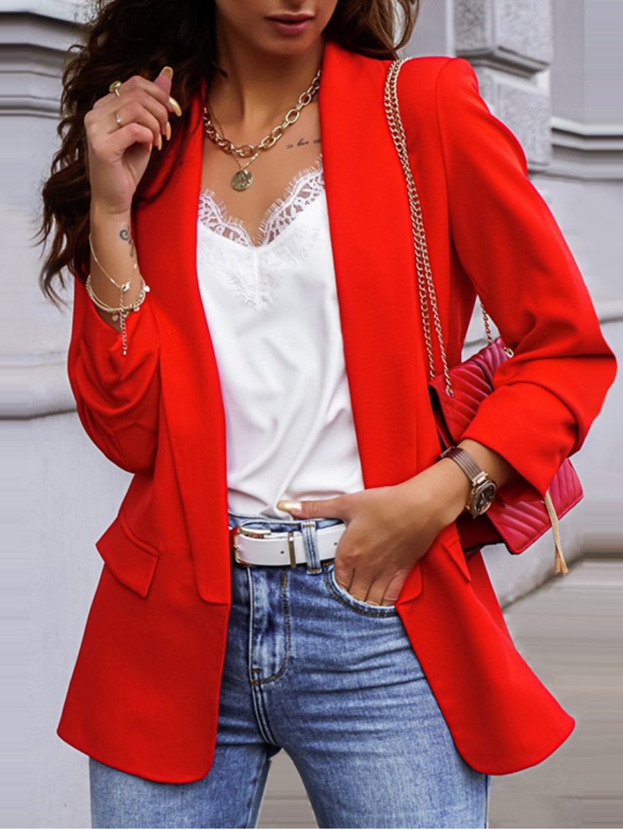 

lovely Stylish Turn-back Collar Basic Red Blazer