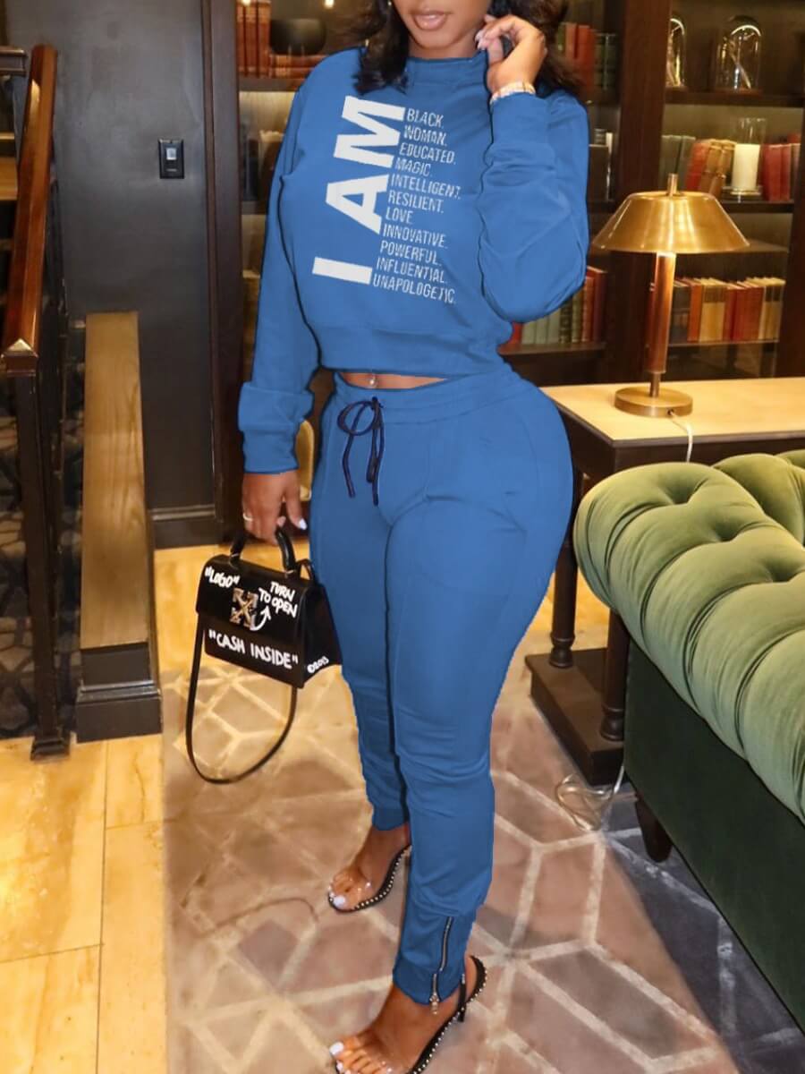

LW O Neck Letter Print Tracksuit Pants Set, Blue