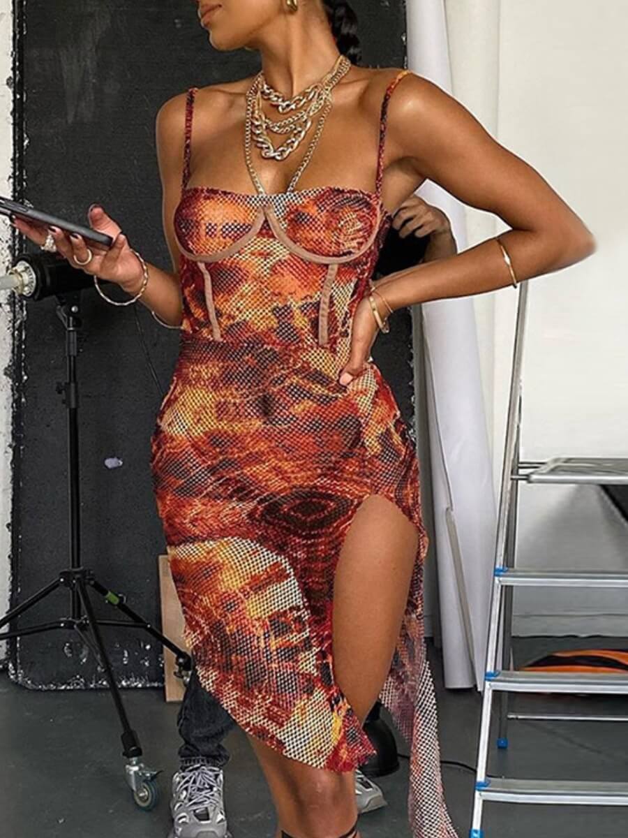 

Lovely Sexy Spaghetti Strap Print Asymmetrical Red Knee Length Dress