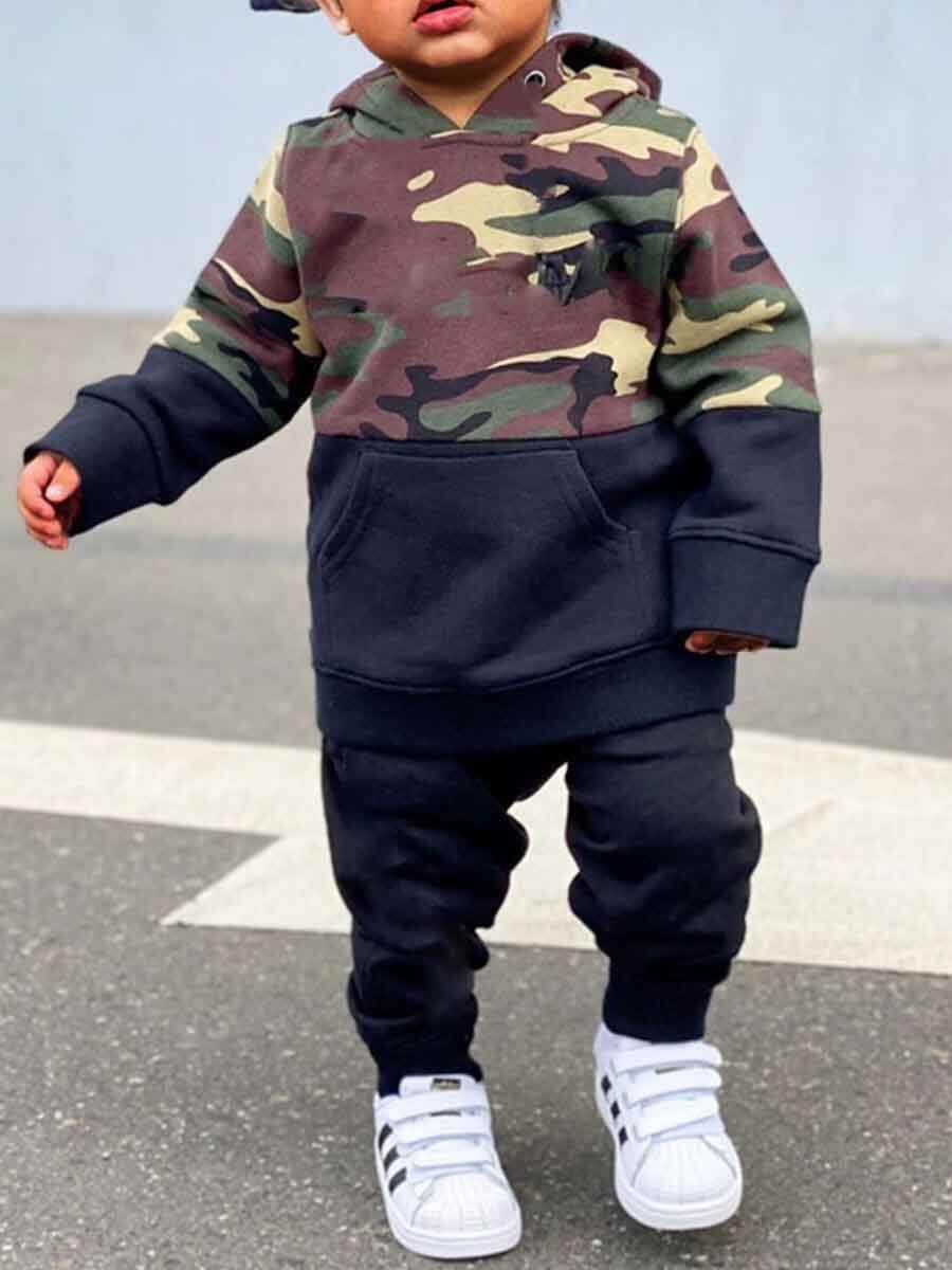 

Lovely Street Hooded Collar Camo Print Patchwork Black Boy Two-piece Pants Set