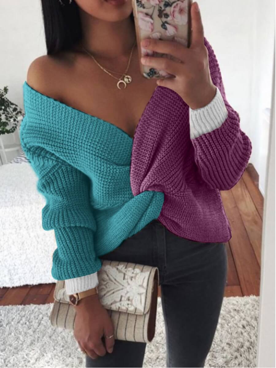 

LW Street V Neck Patchwork Cross-over Design Green Sweater