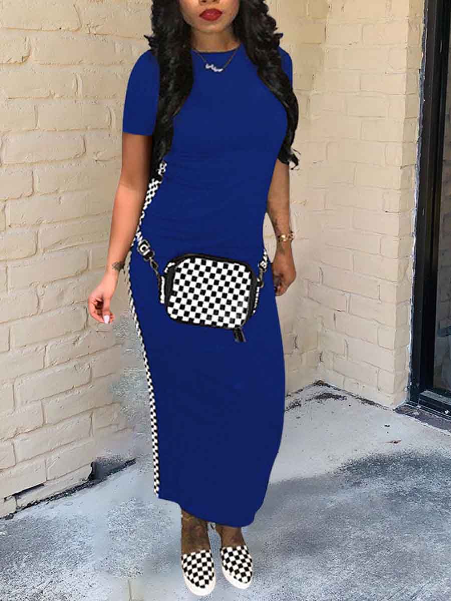 

Lovely Casual O Neck Print Patchwork Blue Ankle Length Dress