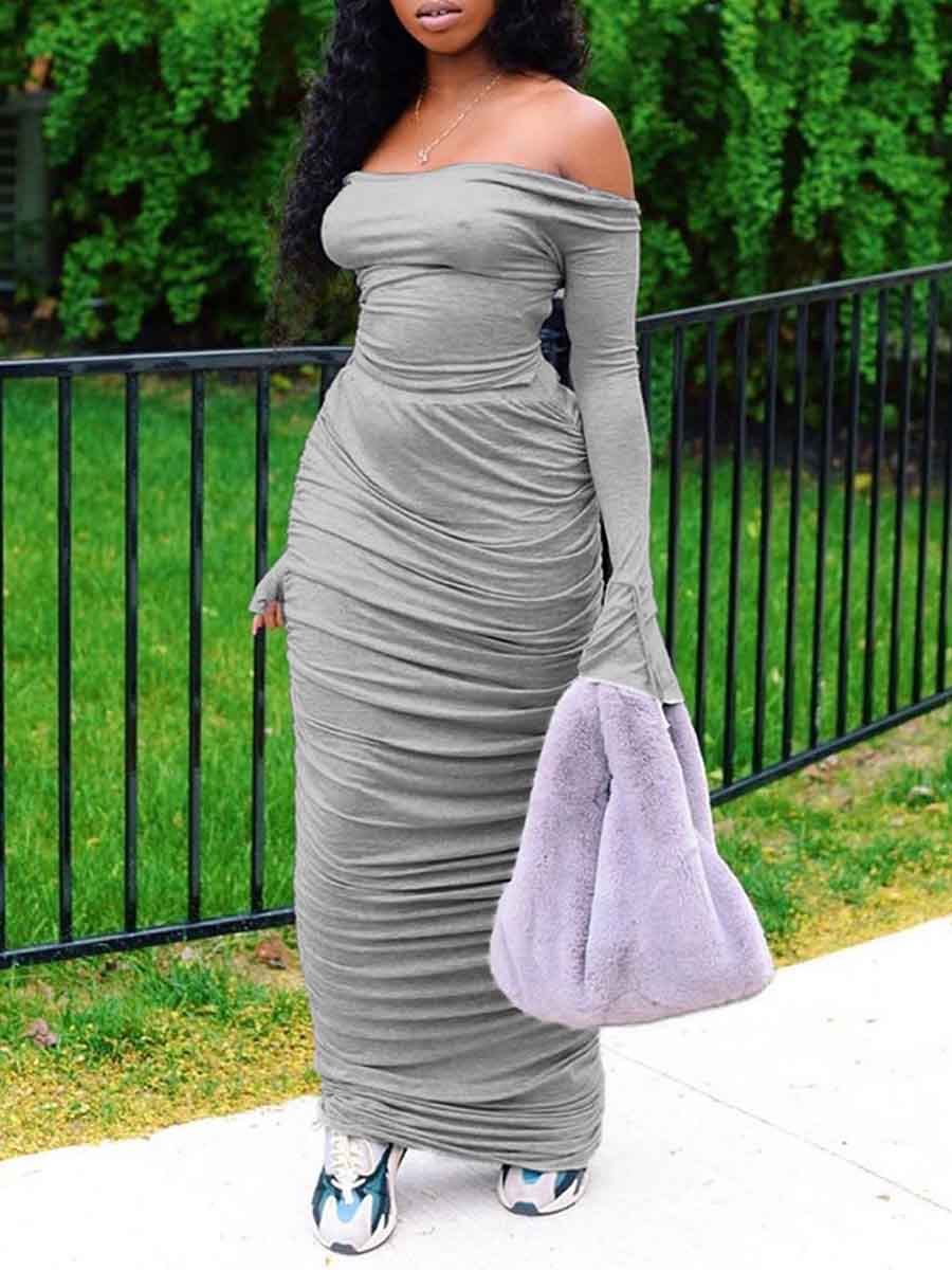 

lovely Trendy Dew Shoulder Fold Design Grey Maxi Dress