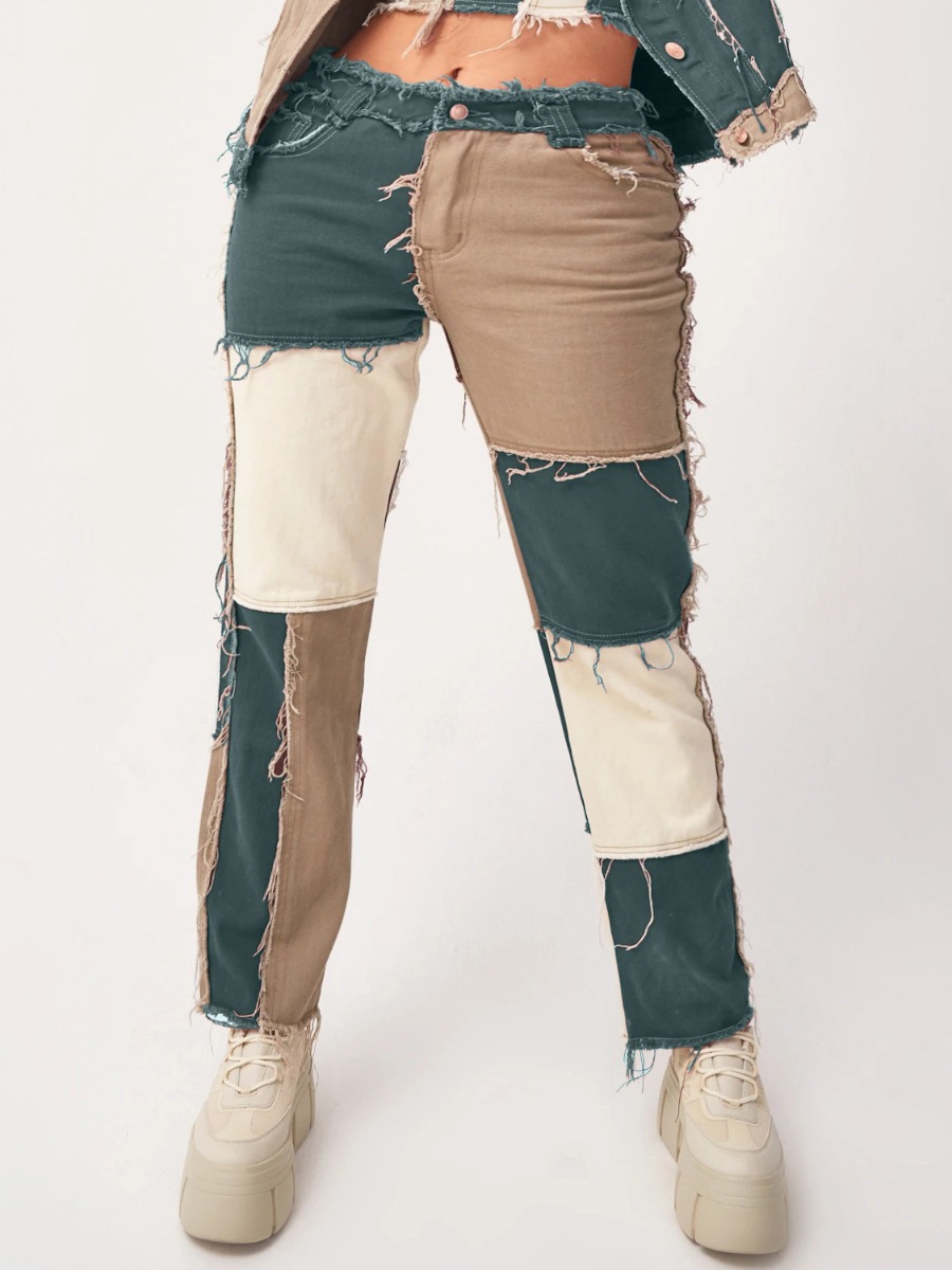 

lovely Street Color-lump Patchwork Green Jeans