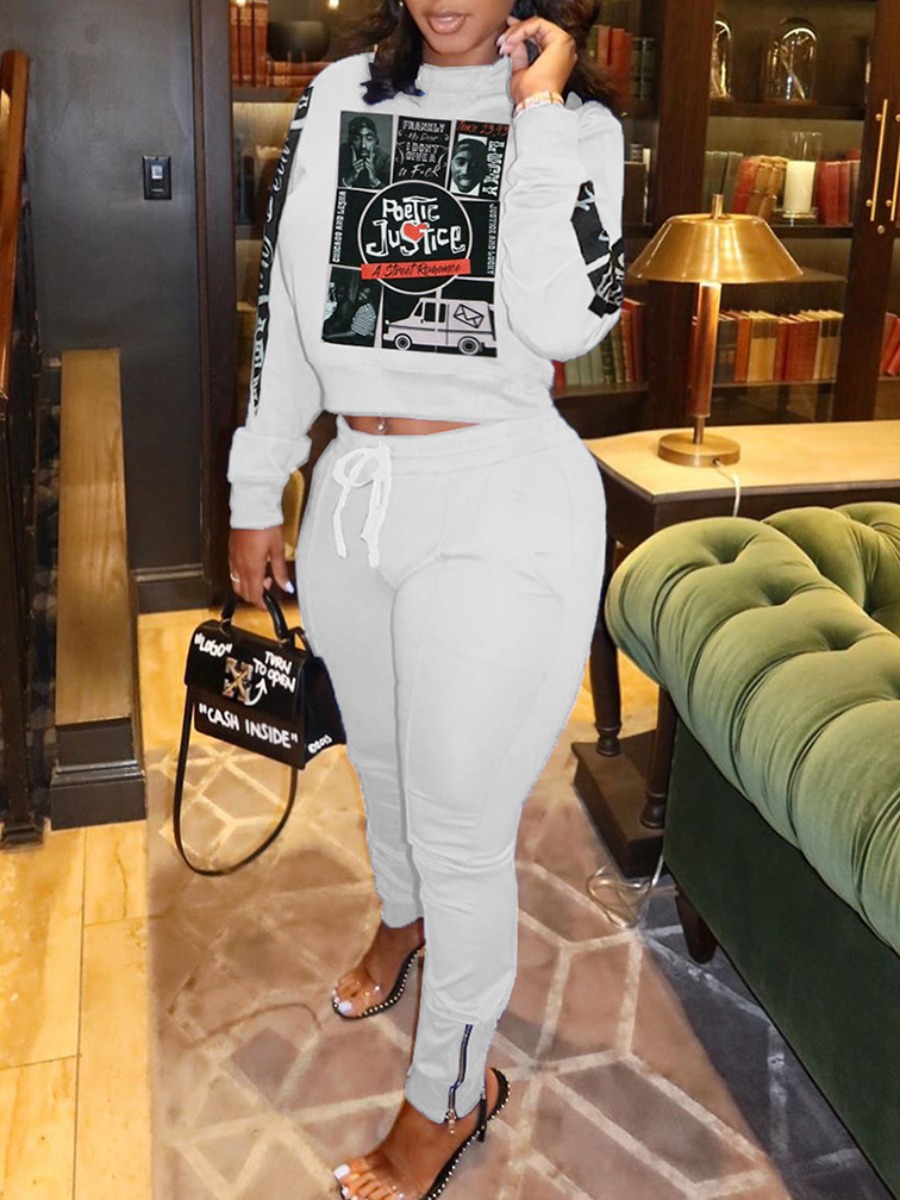 

lovely Casual O Neck Print White Plus Size Two-piece Pants Set