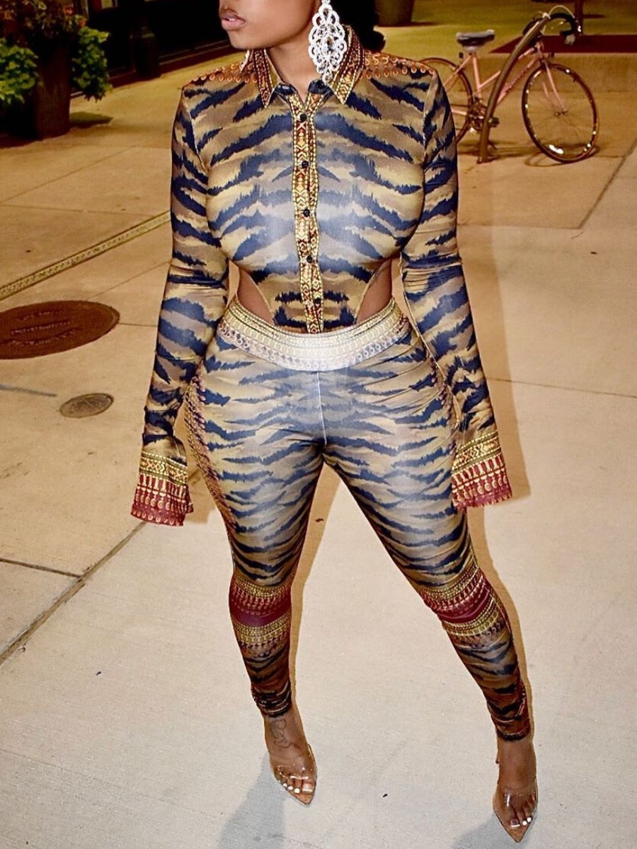 

Lovely Sexy Deep V Neck Striped Print Coffee Two Piece Pants Set