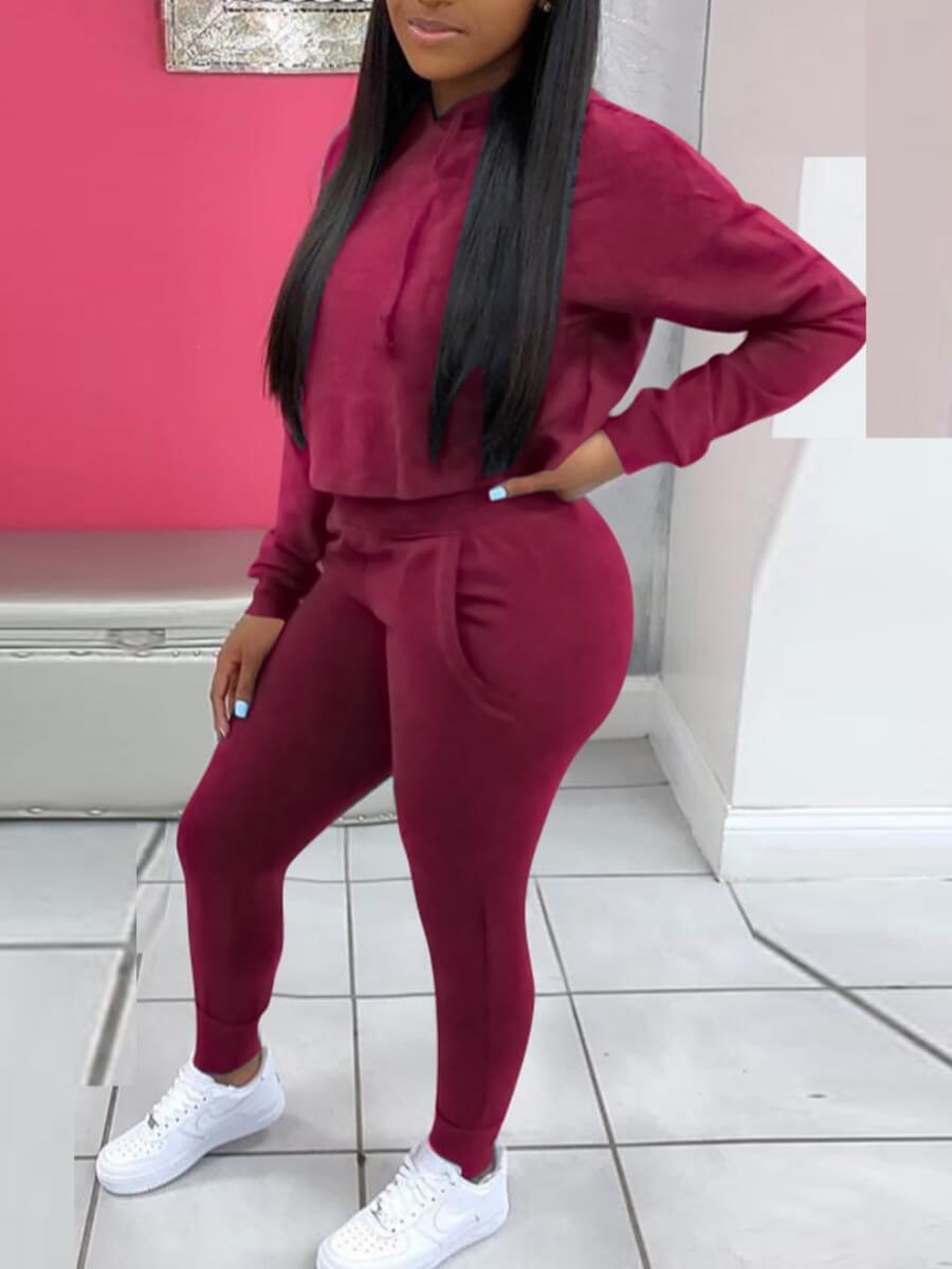 

Lovely Sportswear Hooded Collar Basic Wine Red Two Piece Pants Set