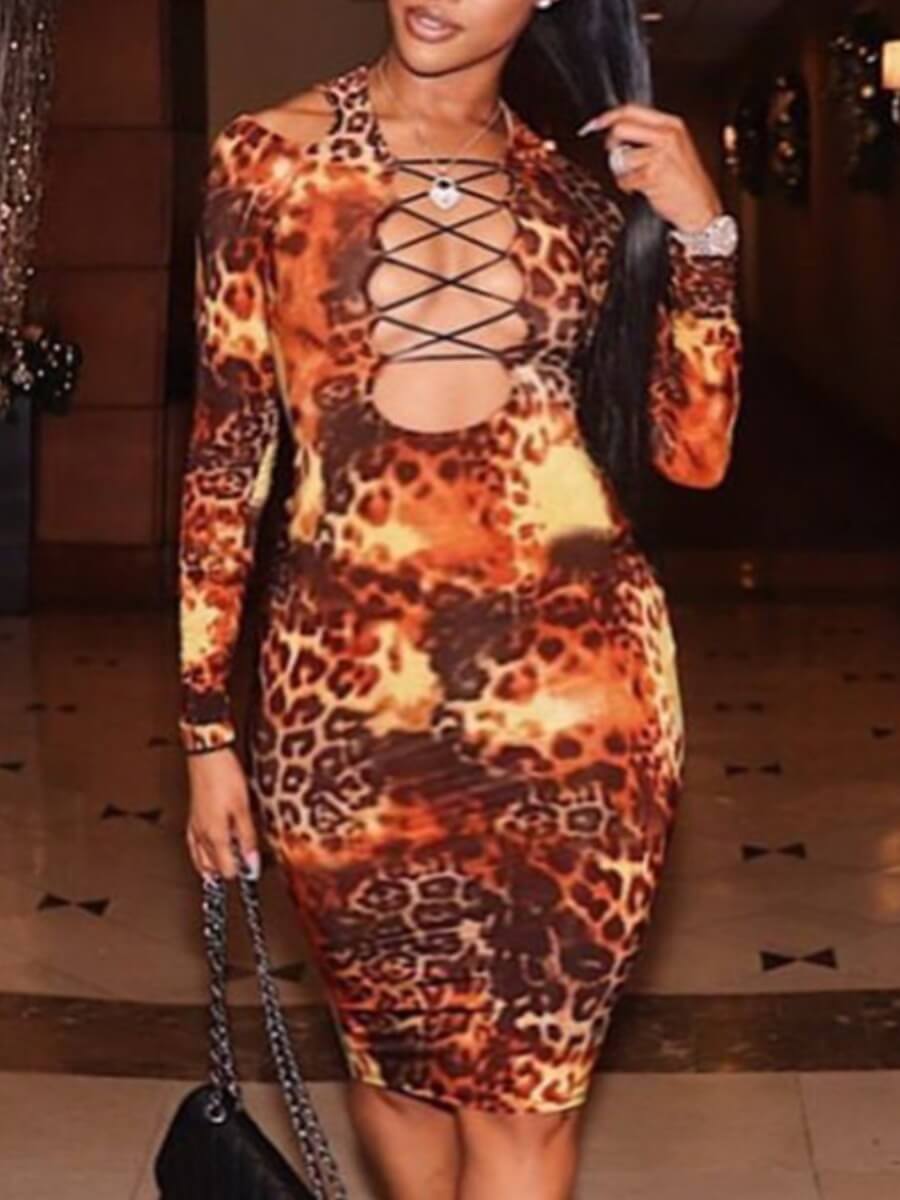 

Lovely Trendy Leopard Print Bandage Design Brown Knee Length Dress