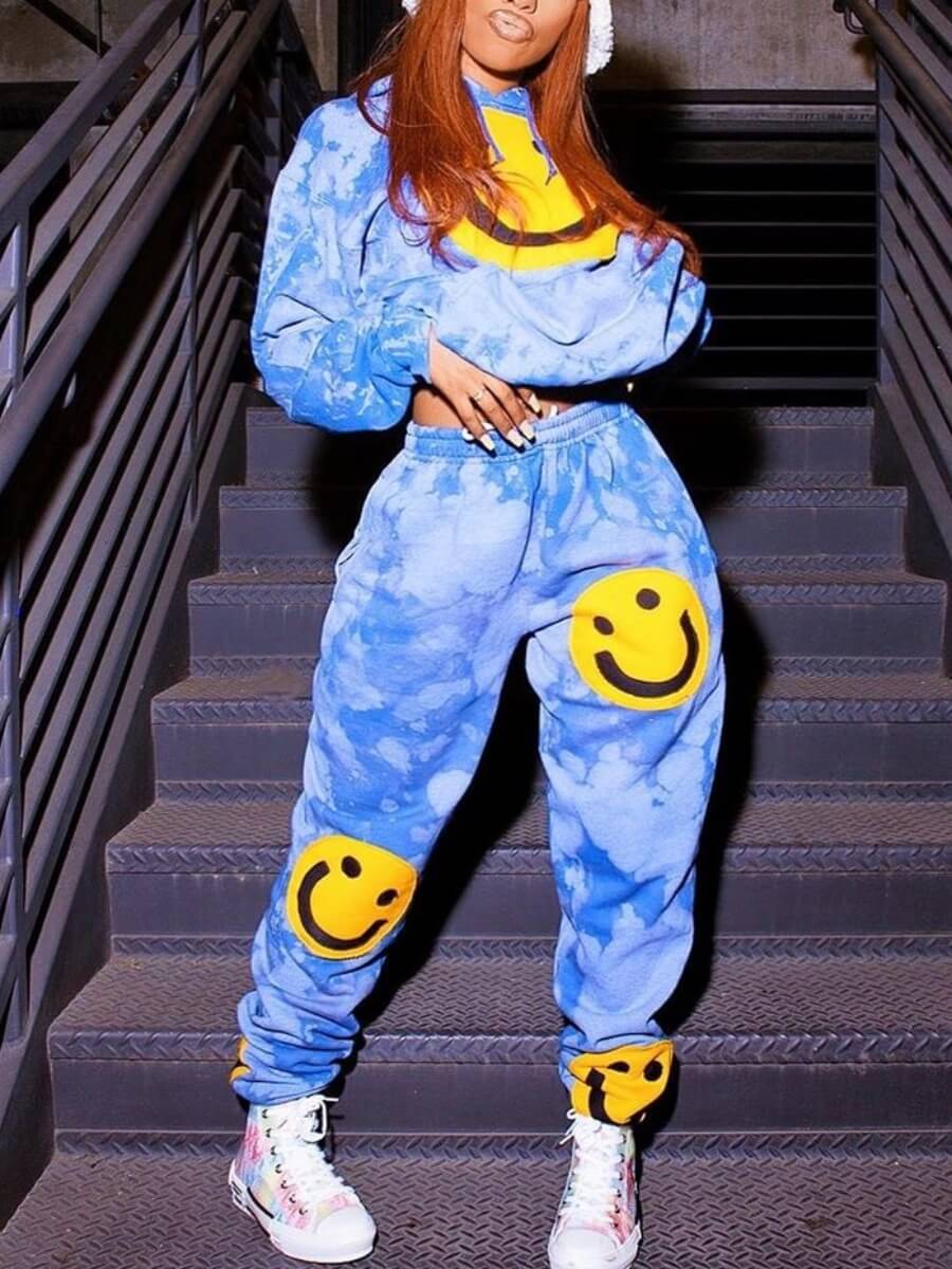 

Lovely Street Hooded Collar Print Blue Two Piece Pants Set