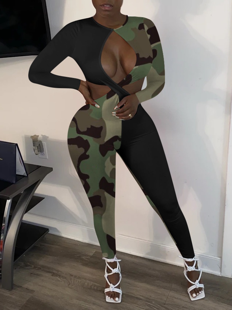 

lovely Street Camo Print Patchwork Black One-piece Jumpsuit