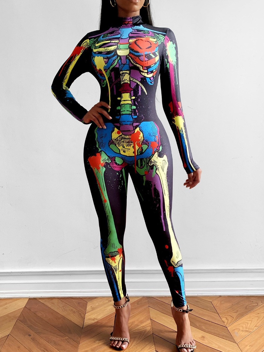 

lovely Trendy Print Skinny Black One-piece Jumpsuit