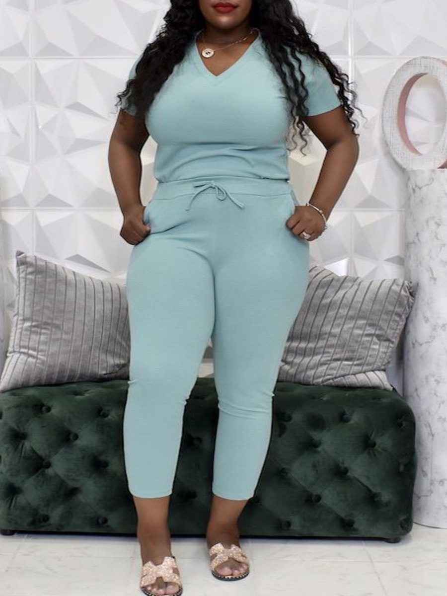 

lovely Casual V Neck Basic Green Plus Size Two-piece Pants Set