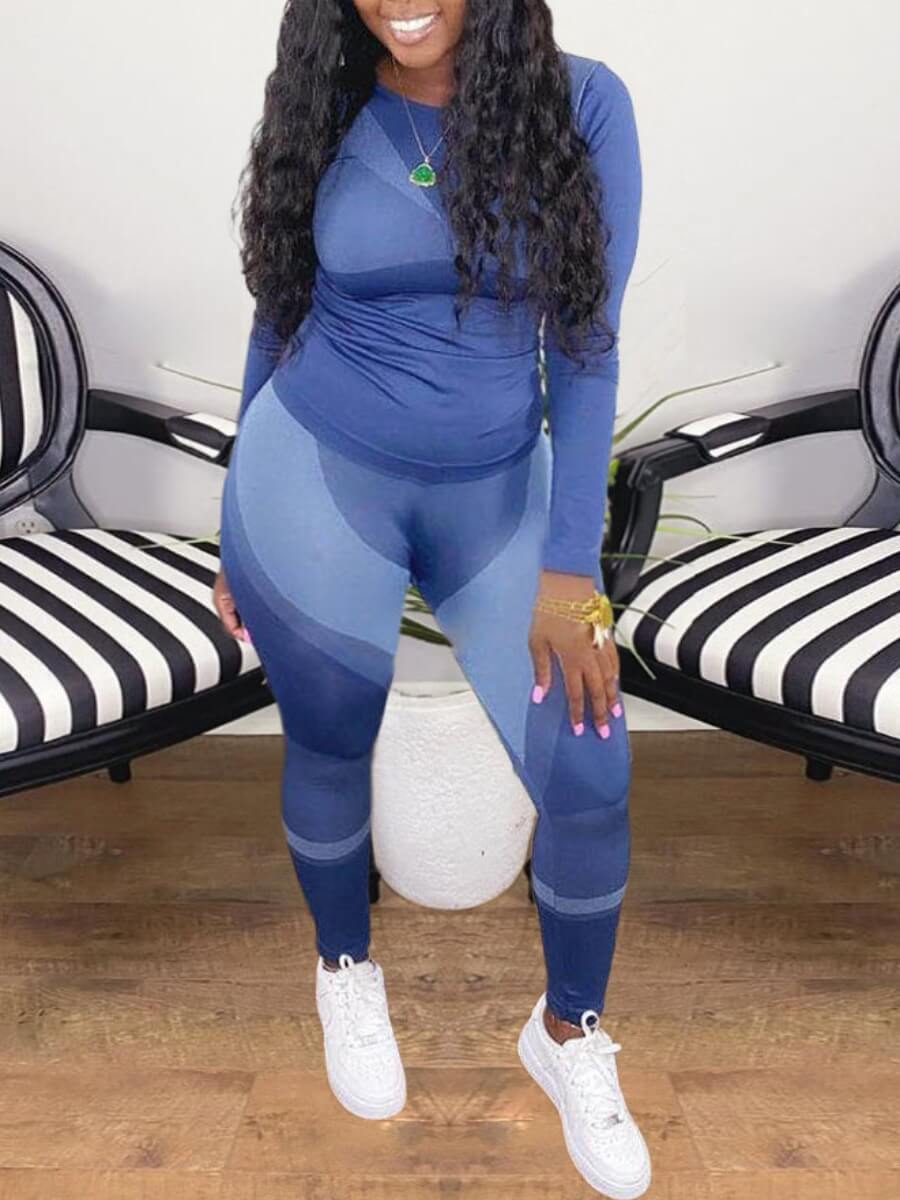 

LW Plus Size O Neck Patchwork Blue Pants Set