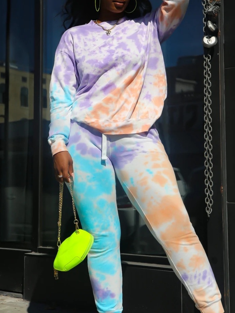 

lovely Sportswear O Neck Tie Dye Purple Two Piece Pants Set