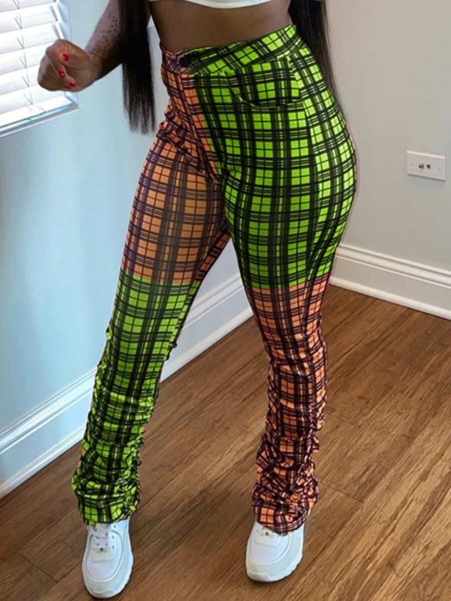 

Lovely Casual Grid Print Patchwork Green Pants
