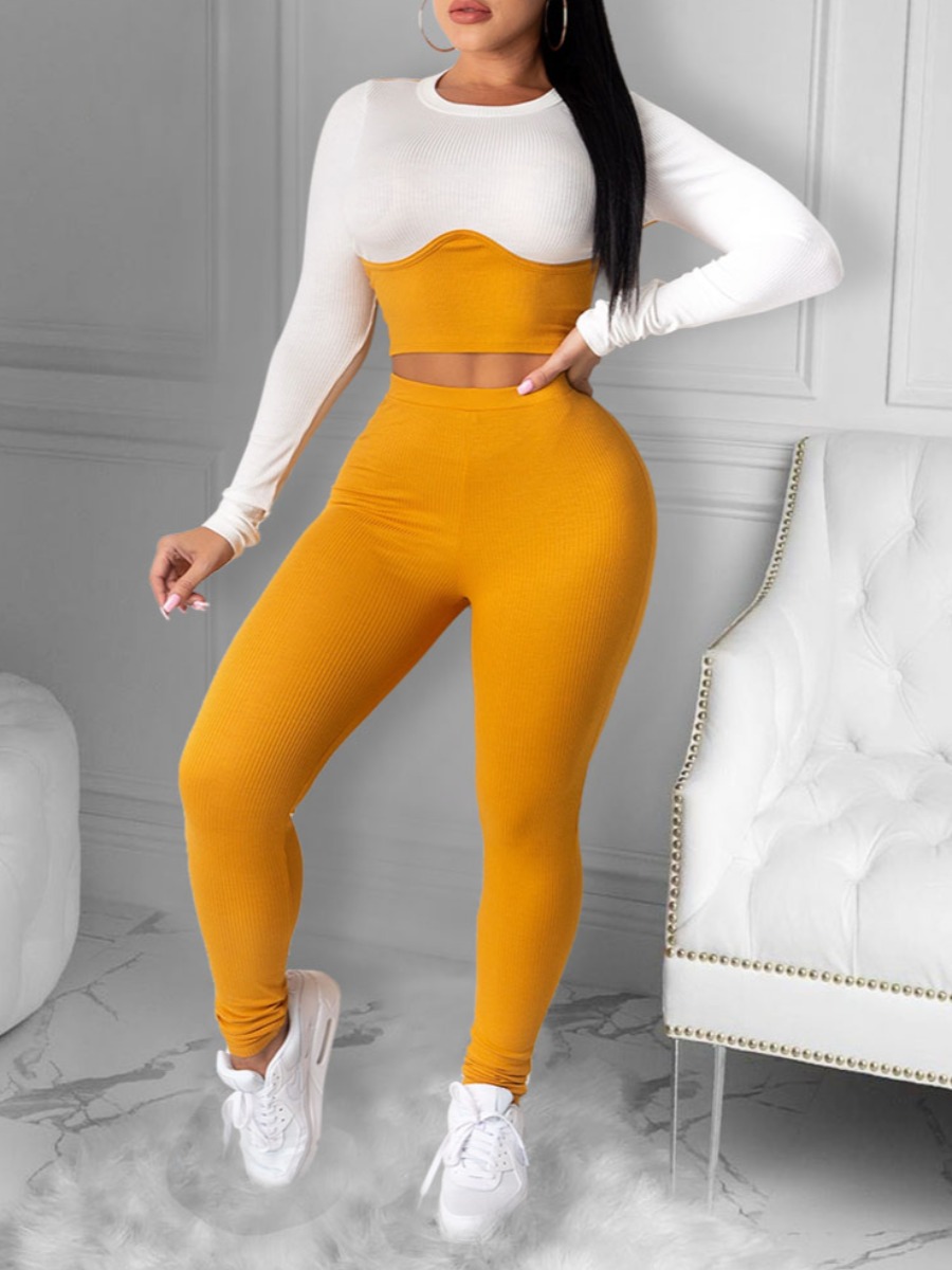 

lovely Sportswear O Neck Patchwork Yellow Two Piece Pants Set